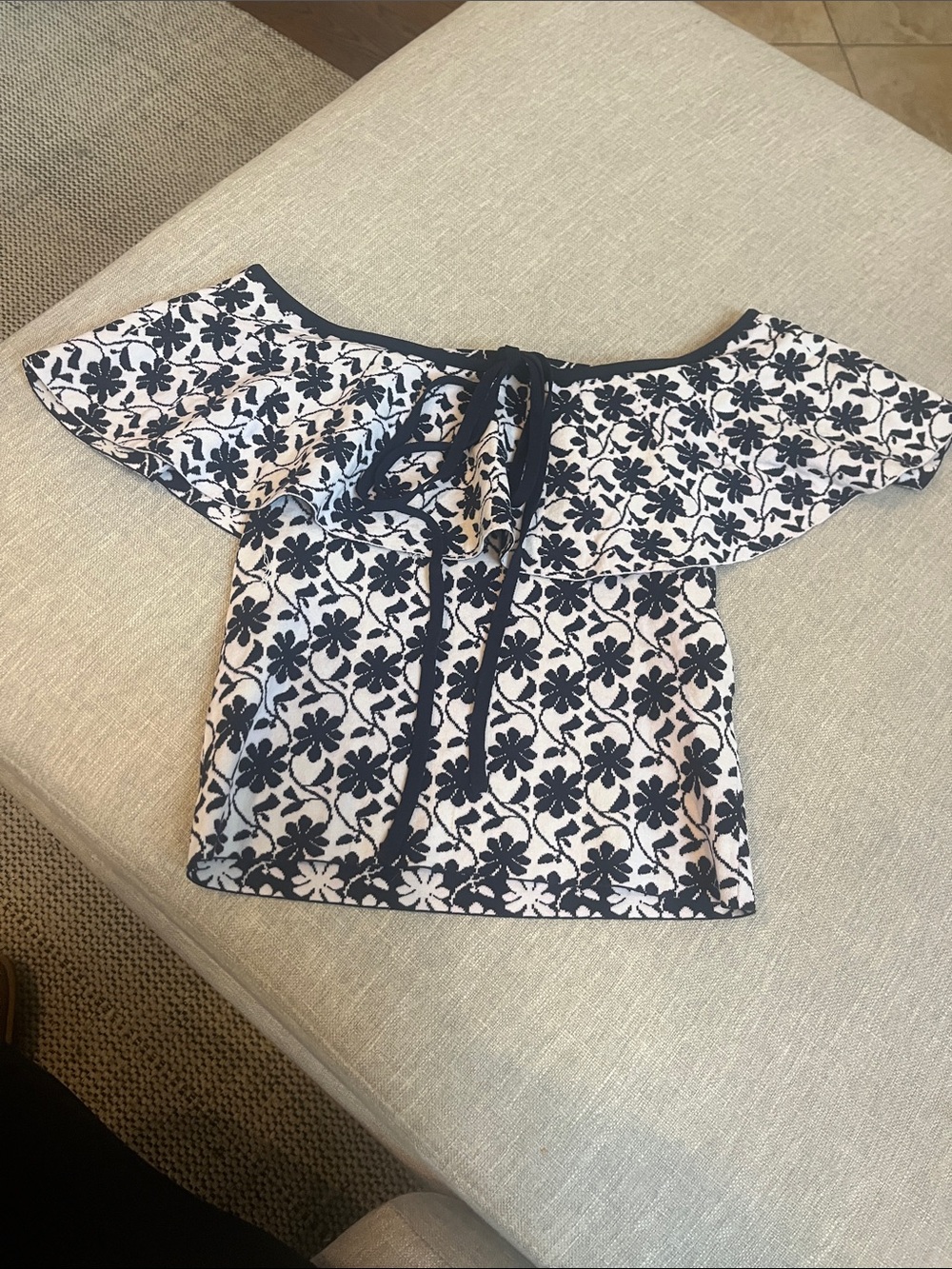Club Monaco Black and White Floral Off-Shoulder Top
